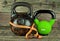 Two kettlebells on a wooden background