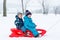 Two kid boys having fun sleigh ride during snowfall. Children sledding on snow. siblings riding a sledge. Twins play