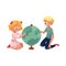 Two kids, children studying a globe together