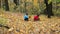 Two kids collecting autumn leaves