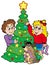 Two kids decorating Christmas tree