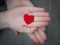 Two kids holding red heart in hand over solid wooden background