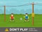Two kids playing football near power lines. Don`t play close to power lines warning design.