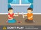 Two kids playing with matches at home. Don`t play with fire warning design.