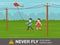 Two kids playing near power lines. Never fly kites close to power lines warning design.