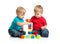 Two kids playing wooden blocks building tower