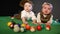 two kids in retro clothes on a billiard pool table. happy family kid dream concept lifestyle. twin brother and sister