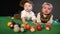 Two kids in retro clothes on a billiard pool table. Happy family kid dream concept. Lifestyle twin brother and sister