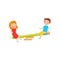 Two kids swinging on a pencil seesaw and eraser underneath, preschool activities and early childhood education cartoon