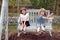 Two kids swinging and relaxing outdoors at summer park. Brother and sister happy walking in nature. Siblings boy and