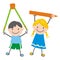 Two kids with teaching aids, humorous vector illustration