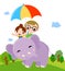 Two kids with umbrella and elephant