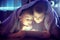 Two kids using tablet pc under blanket