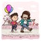 Two kids walking holding hands â€“ pink square amusement park background