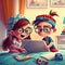 Two kids wearing glasses studying together in colorful bedroom