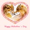Two kissing foxes in heart shaped frame with small flowers. Sign Happy Valentine`s day. Watercolor painting.
