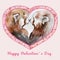 Two kissing red pandas in heart shaped frame with small flowers. Sign Happy Valentine`s day. Watercolor painting.