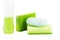 Two kitchen sponges, antiseptic liquid and soap isolated on a white background
