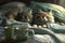 Two kittens cuddling in their warm bed, generative Ai