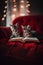 Two kittens sitting on a red couch reading a book. AI generative image.