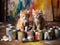 Two kittens sitting on top of cans of paint. Generative AI image.