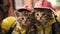 Two kittens wearing fireman hats, AI