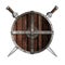 Two knight swords behind wooden round shield isolated