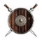Two knight swords and wooden round shield isolated