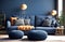 Two knitted poufs near dark blue corner sofa interior design of modern living room