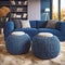 Two knitted poufs near dark blue corner sofa. Scandinavian home interior design of modern living room