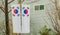 Two Korean flags on a telephone pole