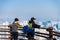 Two Korean men looking at the downtown of Seoul City at the view platform at  the Namsan Mountain in winter  in south central