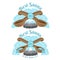 Two labels for sauna or bathhouse. Two crossed wooden ladle for sauna with fireplace and steam around. Color vector illustration