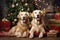 Two Labradors are lying near the Christmas tree