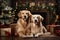 Two Labradors are lying near the Christmas tree