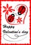 Two ladybugs in heart shape with red flowers - Valentine day postcard with love theme and calligraphic inscription, red grunge fra