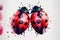 two ladybugs are standing on a white surface with red spots on them and black spots on the wings and legs of the ladybugs, with