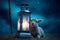 Two lambs, a glowing lantern, and a celestial blue setting