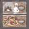 Two landscape color pizzeria labels with baker, oven and pizza on cardboard.