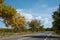 Two-lane asphalt country road, Landscape with view of non urban driveway, trees and blue sky with white clouds. Autumn landscape