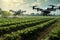 Two large airplanes soar through the sky above a vibrant and lush green field on a beautiful and clear day, Smart farming with