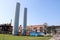 Two large blue tanks for storing air, nitrogen and a production building at an oil refinery, petrochemical, chemical