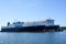 Two large cargo and passenger ferries moored in the harbor