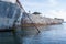 Two large concrete ships in the Powell River floating breakwater in British Columbia photographed from the water