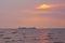 Two large identical ships going head-to-head, in a Thai river delta`s sunset background, with seagulls flying about.