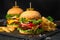 Two large juicy hamburgers and French fries on a black background. Fast food.