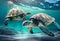 Two large large turtles travel through the depths of the ocean. AI Generated