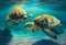 Two large large turtles travel through the depths of the ocean. AI Generated