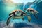 Two large large turtles travel through the depths of the ocean. AI Generated