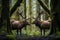 two large male elk locking antlers in a woodland setting